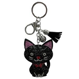 Rhinestone Black Cat Keychain Bag Charm With Tassel